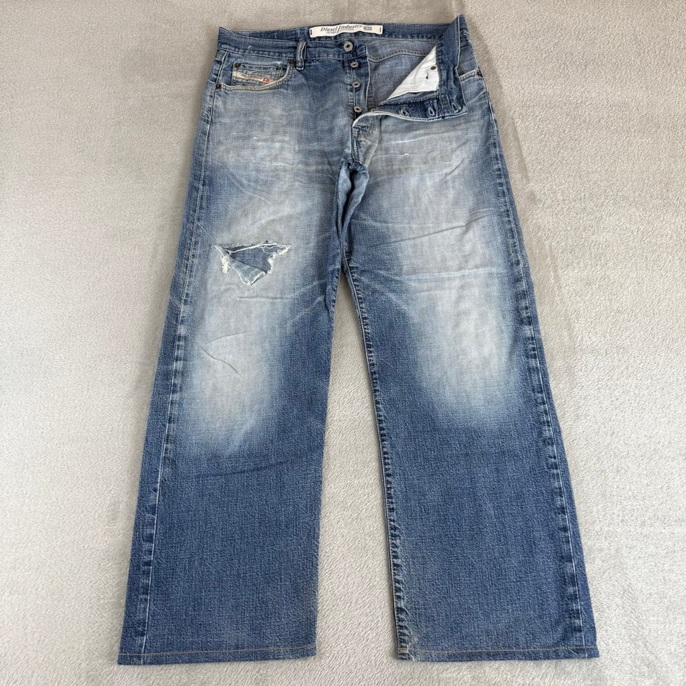 Diesel Kratt Straight Jeans Mens 36x30 Blue Denim Distressed Button Fly Cotton
